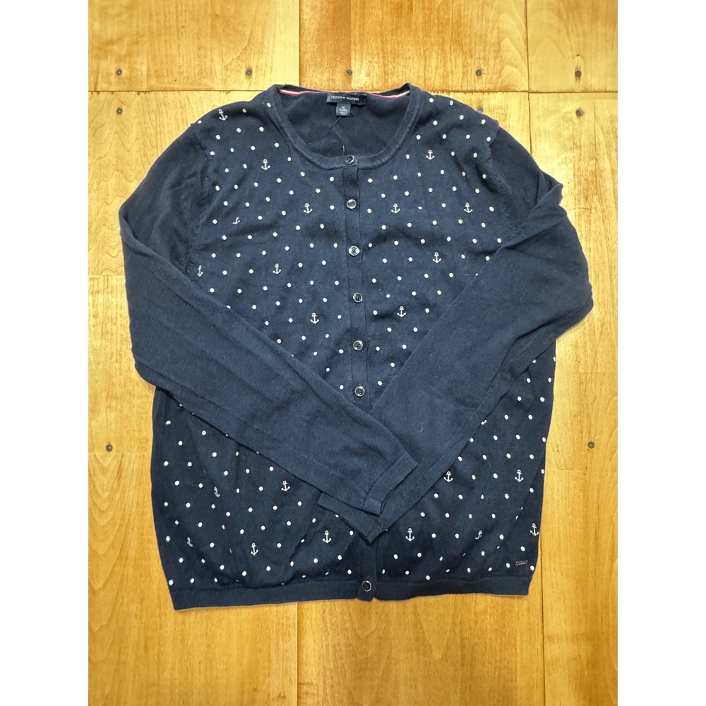 Tommy Hilfiger‎ Womens XL Navy Blue Polka Dot Anchor Cotton Button Cardigan